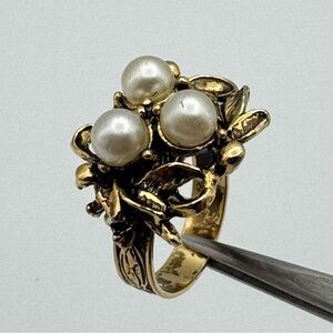 Vintage Adjustable Faux Pearl Floral Cluster Ring – Gold-Tone